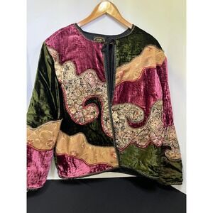 Allure XL Velvet Patchwork Jacket Tapestry Floral Brocade Boho Open Front Green